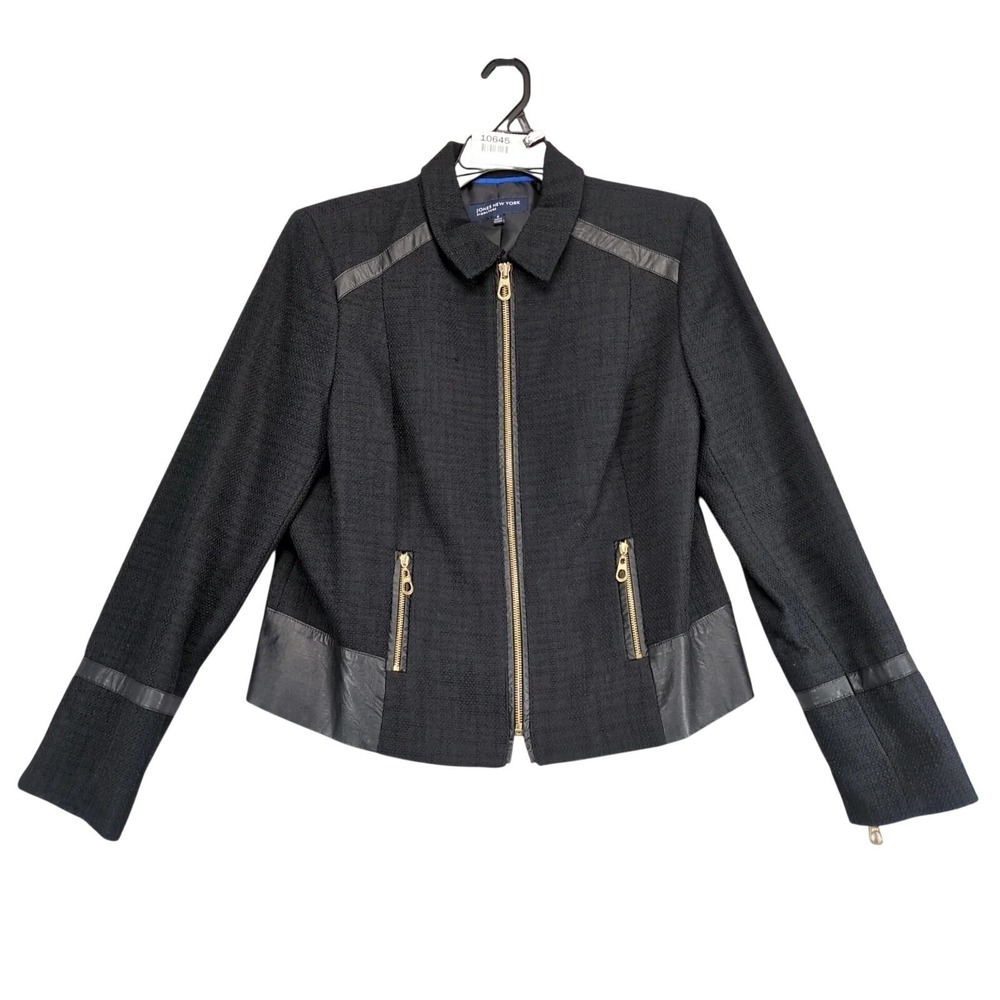 Jones NY Black Textured Jacket Womens 6 Goldtone Hardware Full‎ Zip Leather Trim
